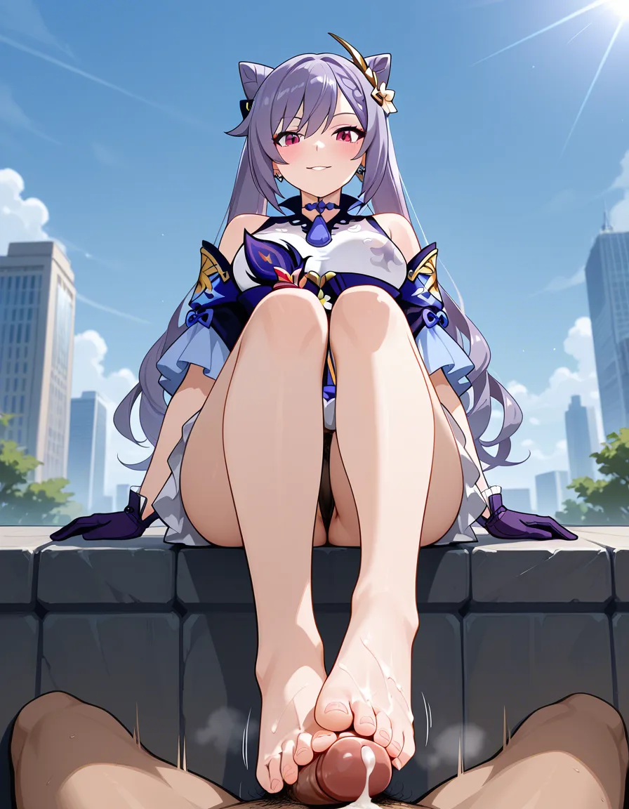 keqing, footjob, outdoor, seductive gaze, looking down, cum, thong, seductive_smile, hentai_studio_quality