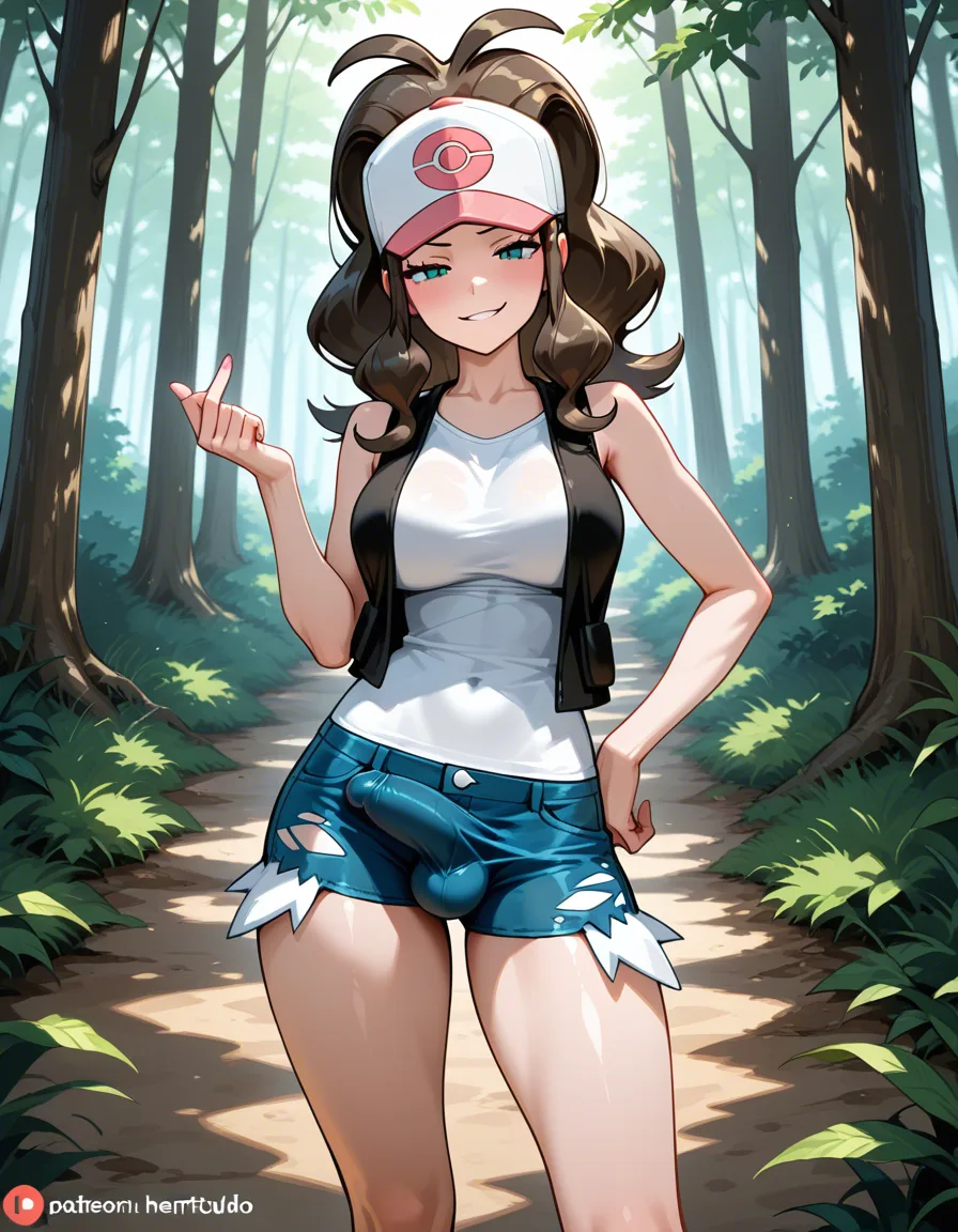 @hilda_(pokemon), detailed shading, masterpiece, futanari, large_breasts, smug, erection_under_clothes, forest path, hentai_studio_quality