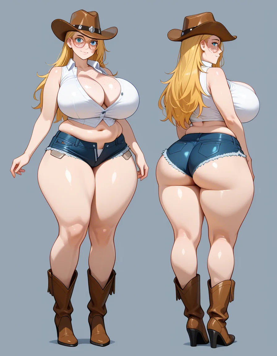 Texan country cowgirl, cowboy hat, long hair, freckles on face, retarded huge round massive breast, large amount of freckles on breast, nice firm round butt, long torso, small waist, long sexy legs with thick plump thighs and calf's, small skin tight booty Jean shorts with zipper down and unbuttoned exposing white panties,, hentai_studio_quality, hentai_studio_quality