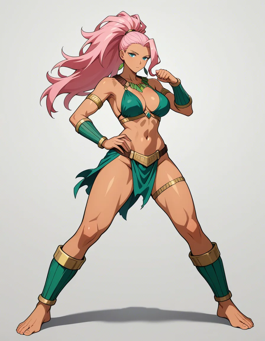 absurdres, highres, Amazonian women, standing pose, spread legs, groin, pink hair, white background, anime style, hentai_studio_quality