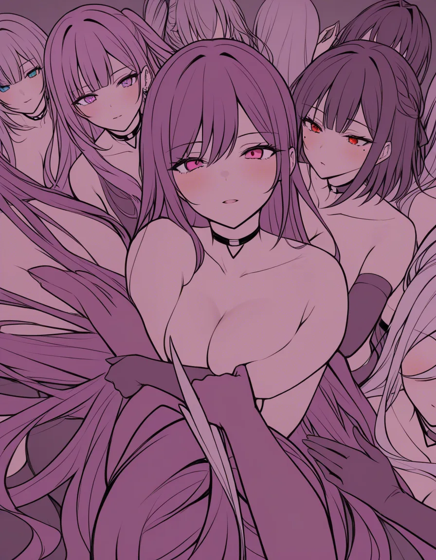 highres, vivid, 6+girls, mole, elbow gloves, topless, tender moment, eroge aesthetic, hentai_studio_quality