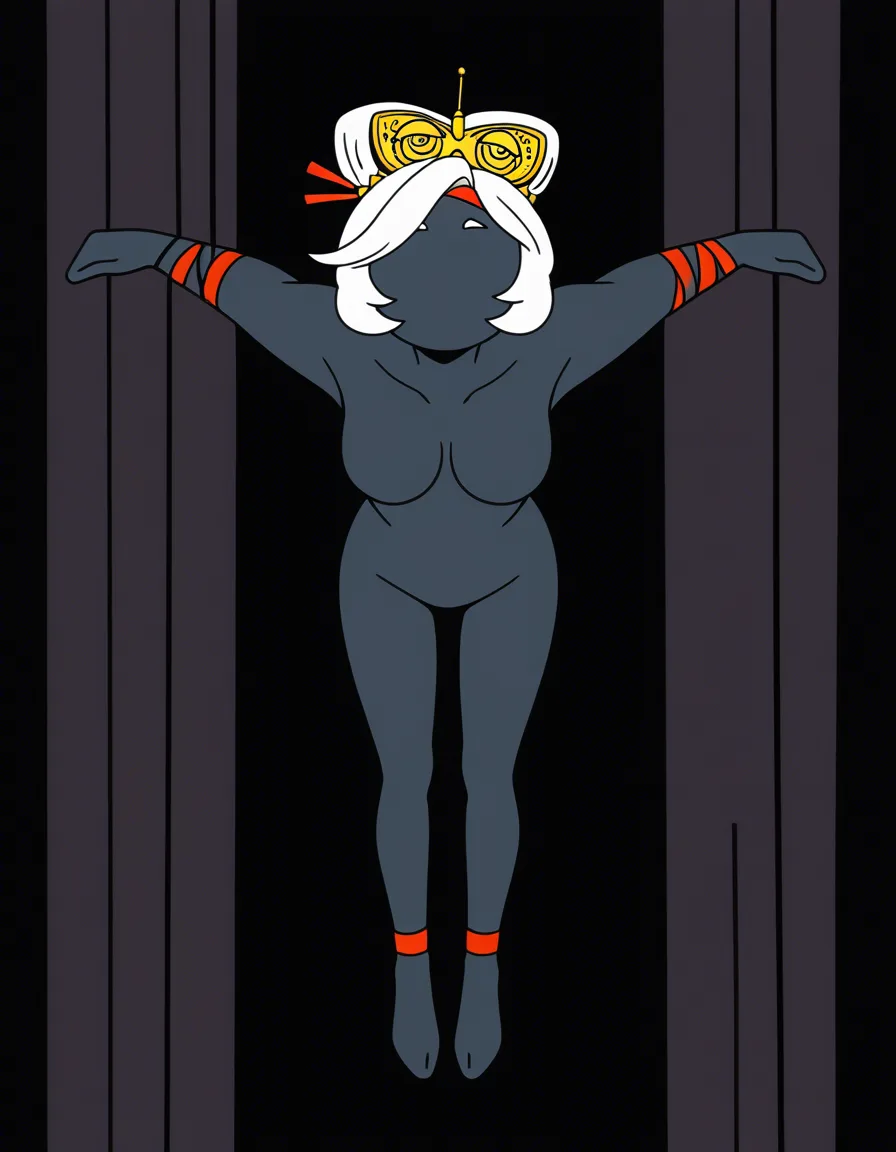 @purah, fully naked, hanging suspended in the air, arms and legs spread apart, tied on wrists and feet, facing the viewer, no eyes, no nose, no mouth, black background, (anime style:1.3), 2d, anime screencap, cel shading, flat color, @00osamio00
