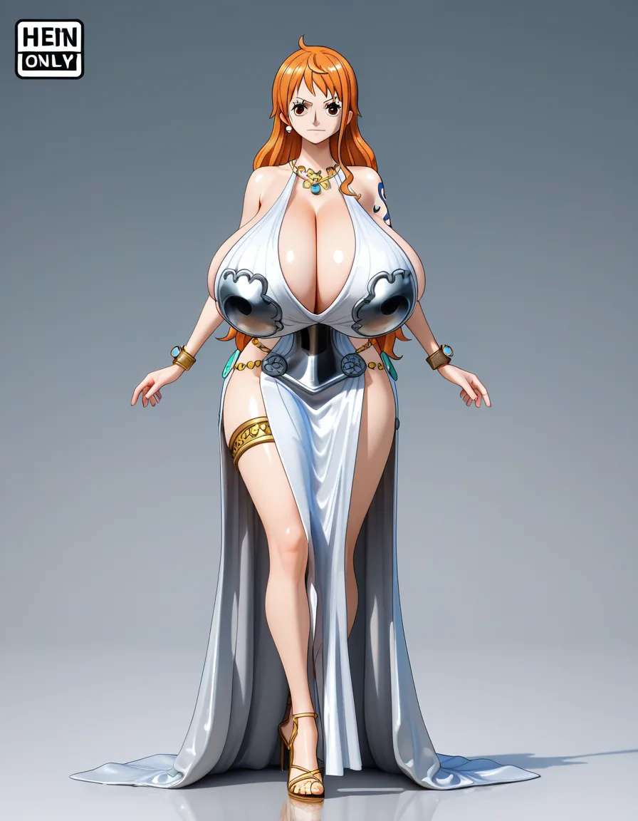 ultra detailed, best quality, Nami from One piece in a white heavenly dress and a metal breast breastplate. Gigantic Breasts as big as melons an leaking milk fighting with the power of light, doujin style, hentai_studio_quality, full_body, hentai_studio_quality high_heels magic, score_9, score_8, 3d render, octane render, subsurface scattering, ray tracing, smooth shading