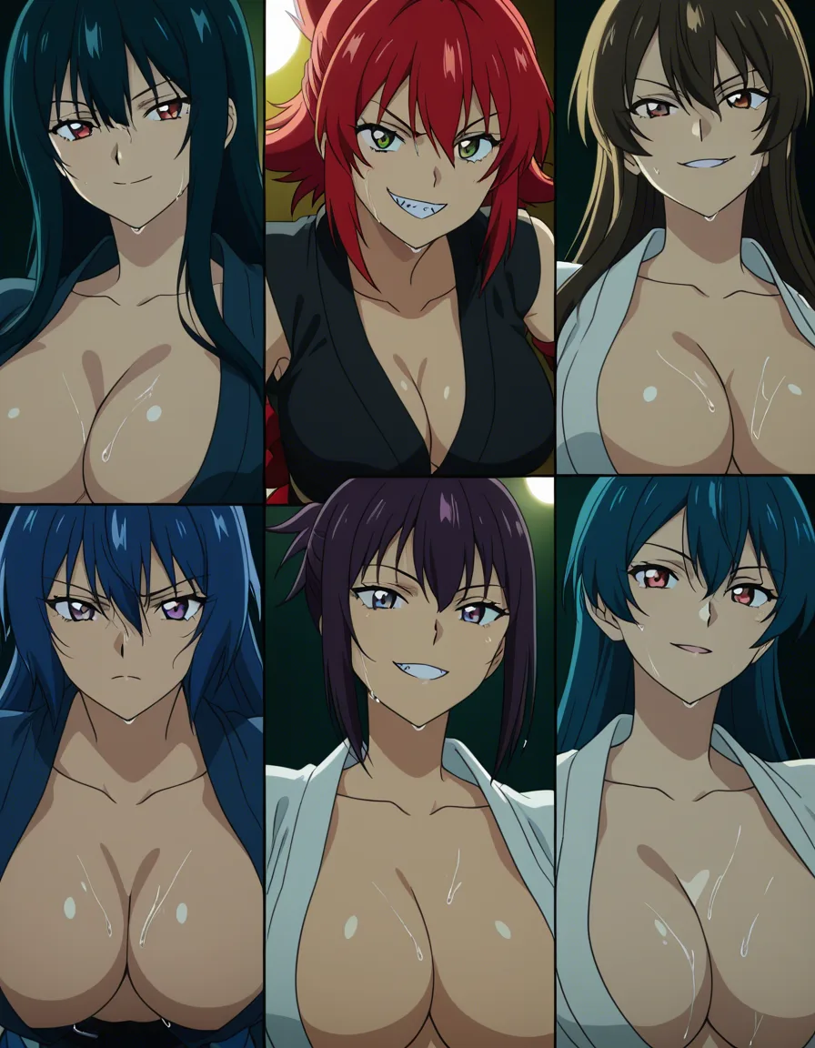 highres, sharp lines, 5girls, black thighhighs, japanese clothes, over the shoulder glance, wet pussy, teasing grin, studio lighting, studio anime look, (anime style:1.3), 2d, anime screencap, cel shading, flat color