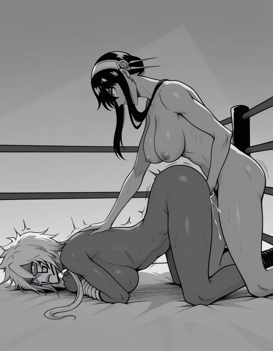 2girls , ((tier_harribel_(bleach))), ((@yor_briar)) scared ,wrestling ,wrestling_ring, catfight ,restrained, sex_from_behind , fingering , bruised, yuri , pinned_down , ahegao , orgasm, nude,, hentai_studio_quality, hentai_studio_quality