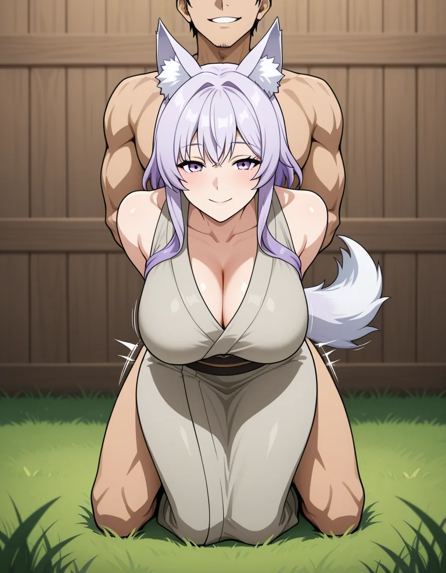 A grown woman with light purple hair, wolf ears, and light purple eyes, with large breasts, holding her hands behind her back and thrusting her chest forward, with a playful and warm smile, is kneeling in the grass; in the background, there is a peaceful natural setting., hentai_studio_quality