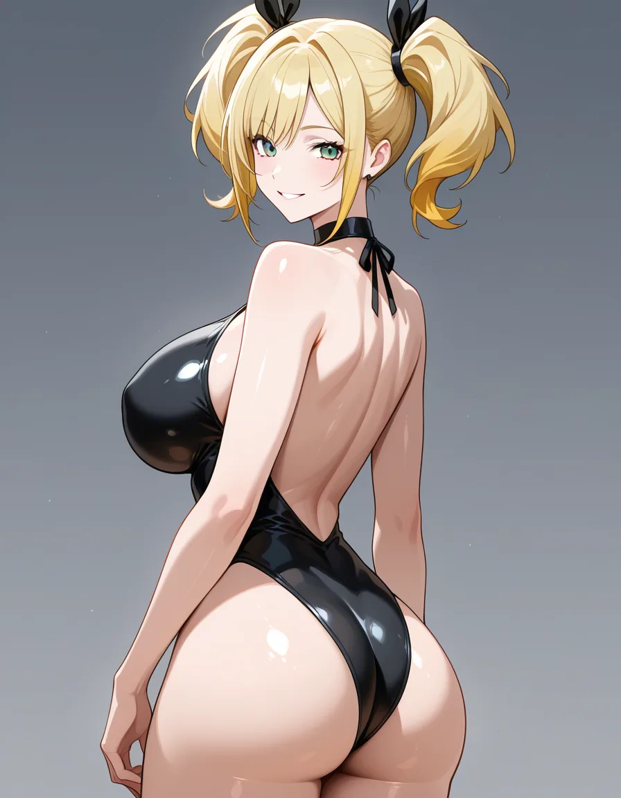 sexy, blonde hair, short pigtails, big breast, smile, shiny black one-piece_swimuit, hentai_studio_quality
