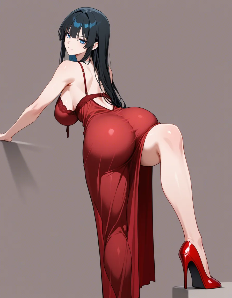 femdom, black_hair, blue_eyes, large_breasts, large ass, red_dress, nightgown, red high_heels., hentai_studio_quality