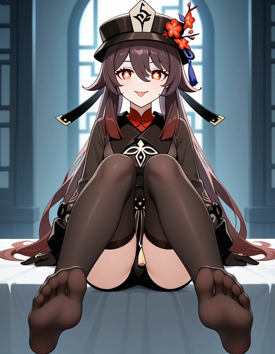 @hu_tao_(genshin_impact)  #black_gloves #dress #solo #feet #choker #thighhighs #knees_together_feet_apart 
The feet are visible  #tongue #miniskirt maid, sitting and showing her feet to viewer, hentai_studio_quality