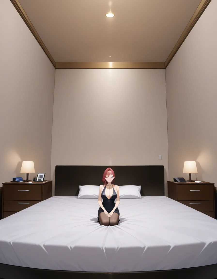 best quality, explicit detail, office lady, evening gown, kneeling on bed, wide shot, detailed shading, hentai_studio_quality