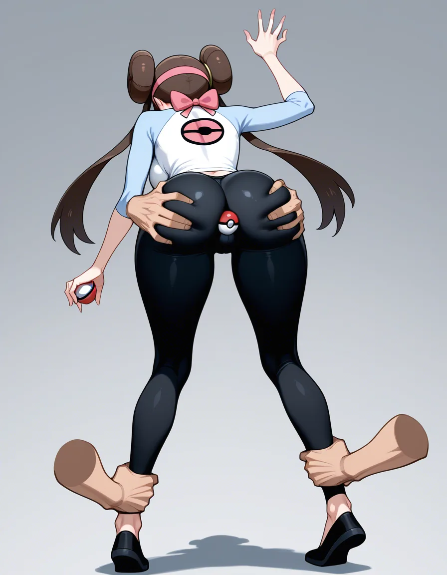 @rosa_(pokemon) In a white light blue sleeved shirt with a pink pokeball logo on her chest, tight dark ankle high leggings, and black flats. Has her massive ass being grabbed through her ankle high leggings by another girl grabbing_another's_ass, hentai_studio_quality