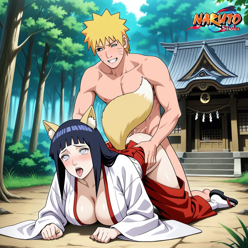 fox_ears, fox_tail, Naruto Uzumaki, @hyuuga_hinata, long_hair, miko, human, ahegao, open_clothes, sex_from_behind, forest, temple, hentai_studio_quality