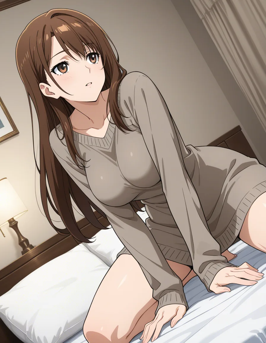 ultra detailed shading, brunette woman, long sleeves, kneeling on bed, tender moment, dutch angle, visual novel art, hentai_studio_quality