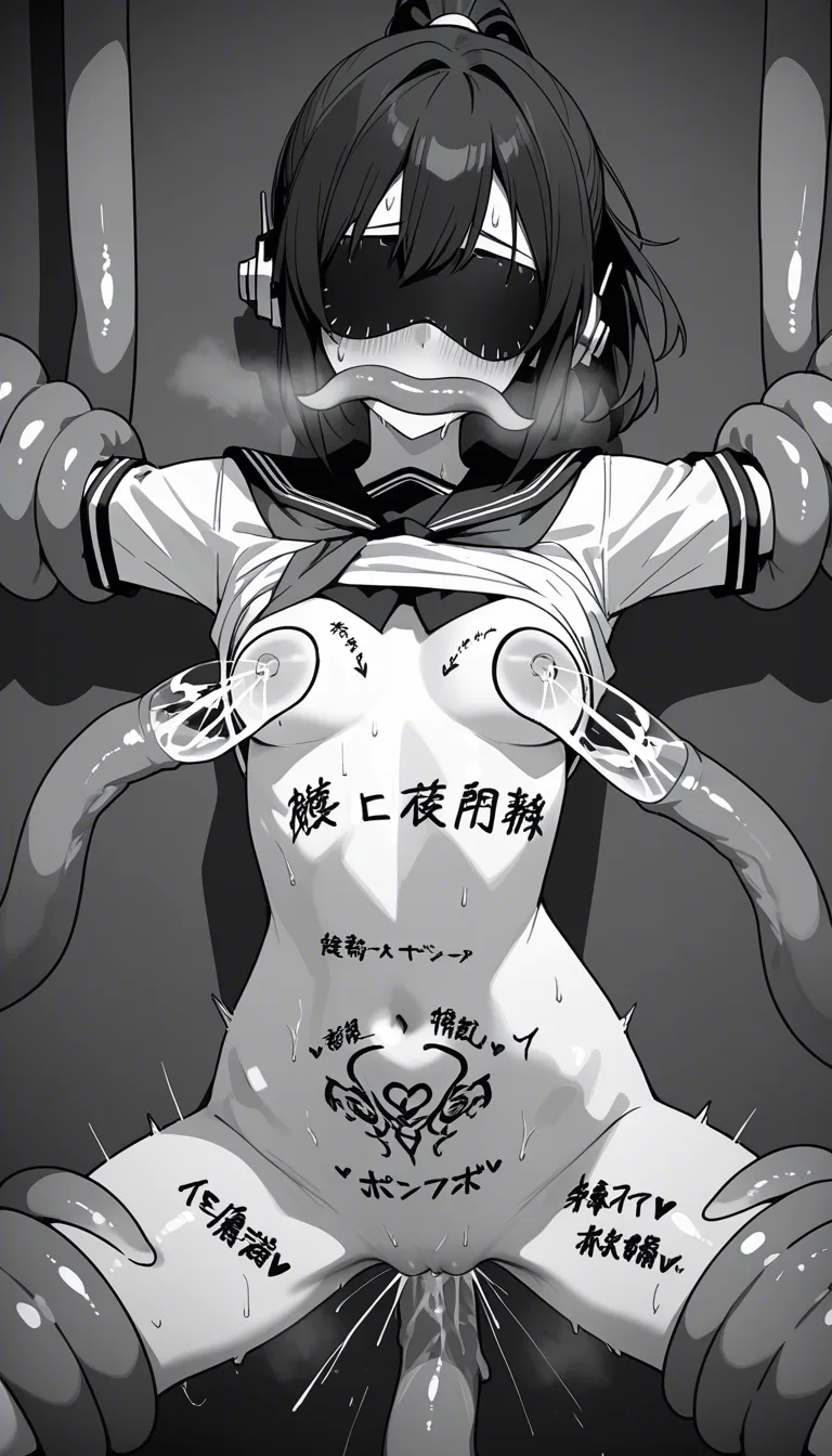 small_breasts, short, surgery_platform, school_uniform , ahegao, tentacles, breast lactation, body_writing, ponytail, sweat, covered_eyes, covered_mouth, nipple_fuck, score_9, score_8, 3d render, octane render, subsurface scattering, ray tracing, smooth shading