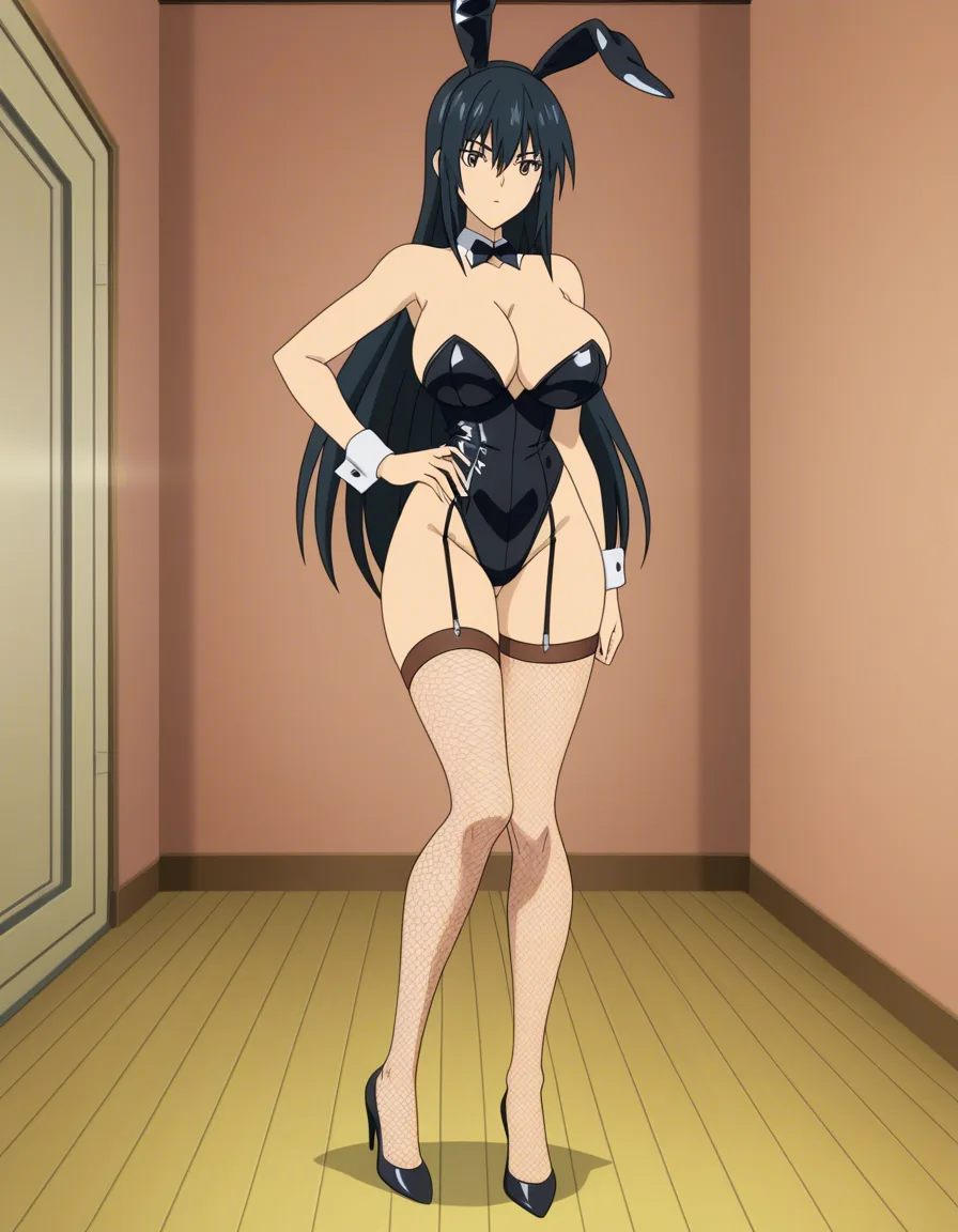 sexy anime girl, cosplaying in a revealing bunny girl outfit, with a bunny ears headband. She has long black hair, massive H-cup breasts which strain against the latex top her outfit, and fishnet stockings, showing her legs and thighs under, only wearing panties underneath the stockings., (anime style:1.3), 2d, anime screencap, cel shading, flat color