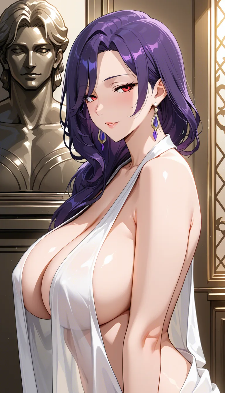 A mature woman of divine stature with a voluptuous, statuesque build and perky, ample breasts. She possesses striking red eyes and cascading purple hair. Usually depicted in a state of indulgent nudity or draped in sheer, loose silks. Her expression is one of perpetual, seductive amusement.