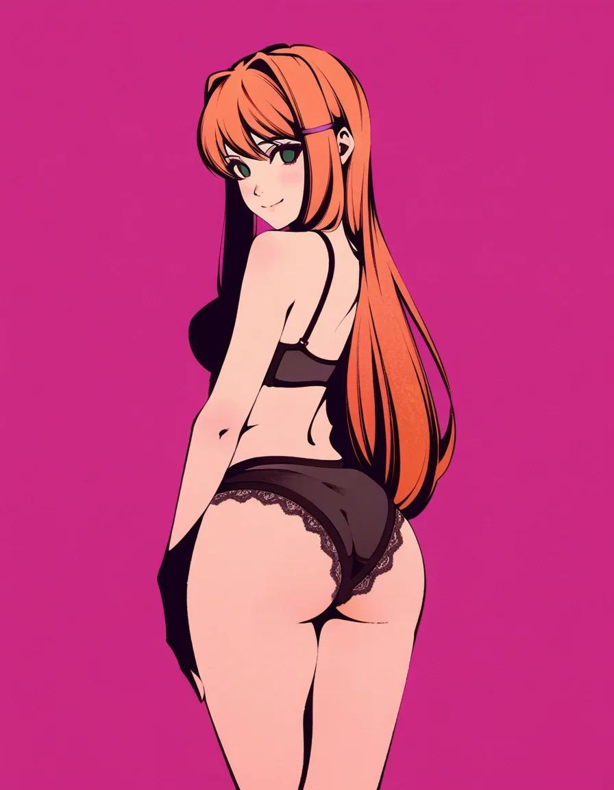#moshimoshibe_artstyle, @monika_(doki_doki_literature_club), 1girl, solo, orange_hair, hair_down, smile, ass, black_panties, lace-trimmed_panties, standing, looking_back, full_body, from_behind, hentai_studio_quality