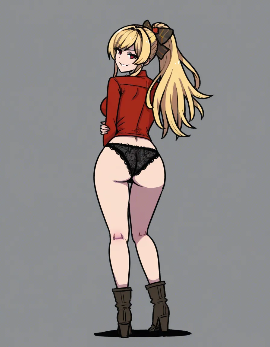#akairiot_artstyle, @vira_(granblue_fantasy), granblue_fantasy, 1girl, solo, long_hair, blonde_hair, ponytail, hair_bow, red_eyes, evil_smile, ass, lace-trimmed_panties, black_panties, standing, looking_back, full_body, from_behind, hentai_studio_quality