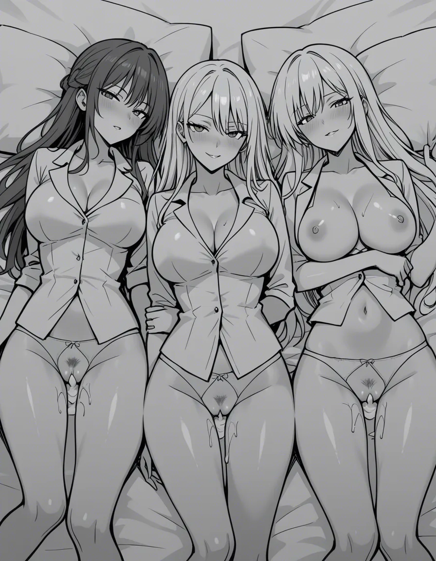 highres, vivid, 3girls, office wear, creampie, seductive look, visual novel art, hentai_studio_quality