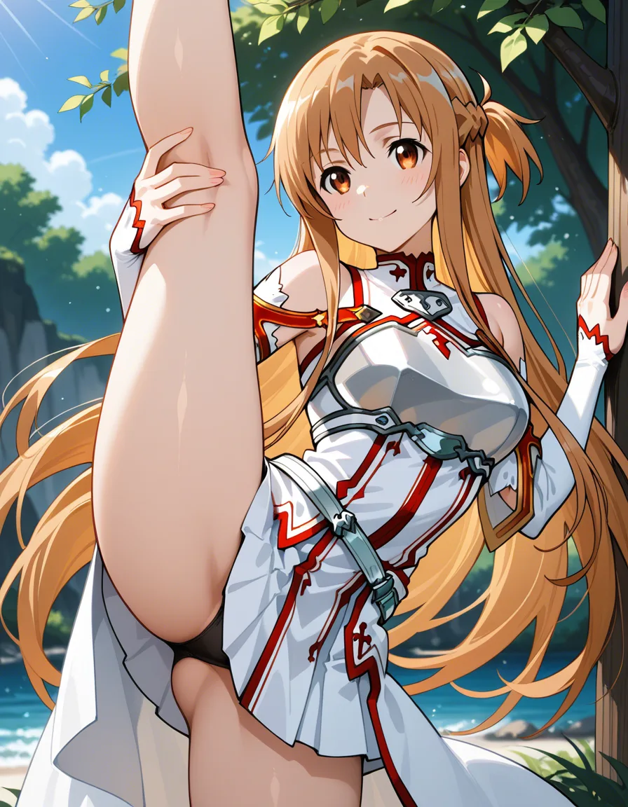 @asuna_(sao) leg_up , leg_lift , dress , outdoors, hentai_studio_quality