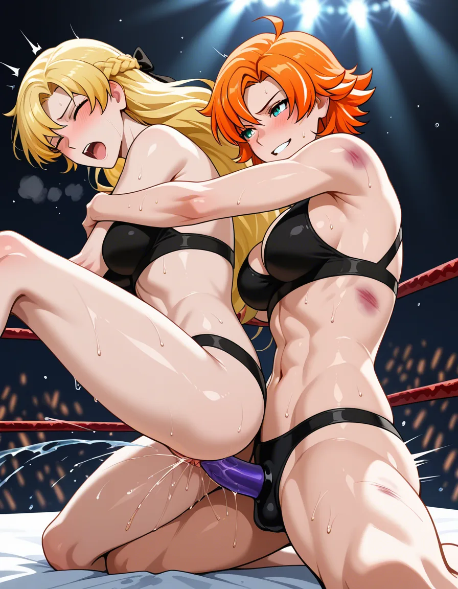 @sailor_uranus_blonde_hair , nora_valkyrie_(rwby)_orange_hair short_hair , 2girls yuri sex , wrestling_ring, wrestling orgasm pussy_juice, defeated, squirting , bruised, sweat from_side strap-on vaginal, hentai_studio_quality, hentai_studio_quality, hentai_studio_quality