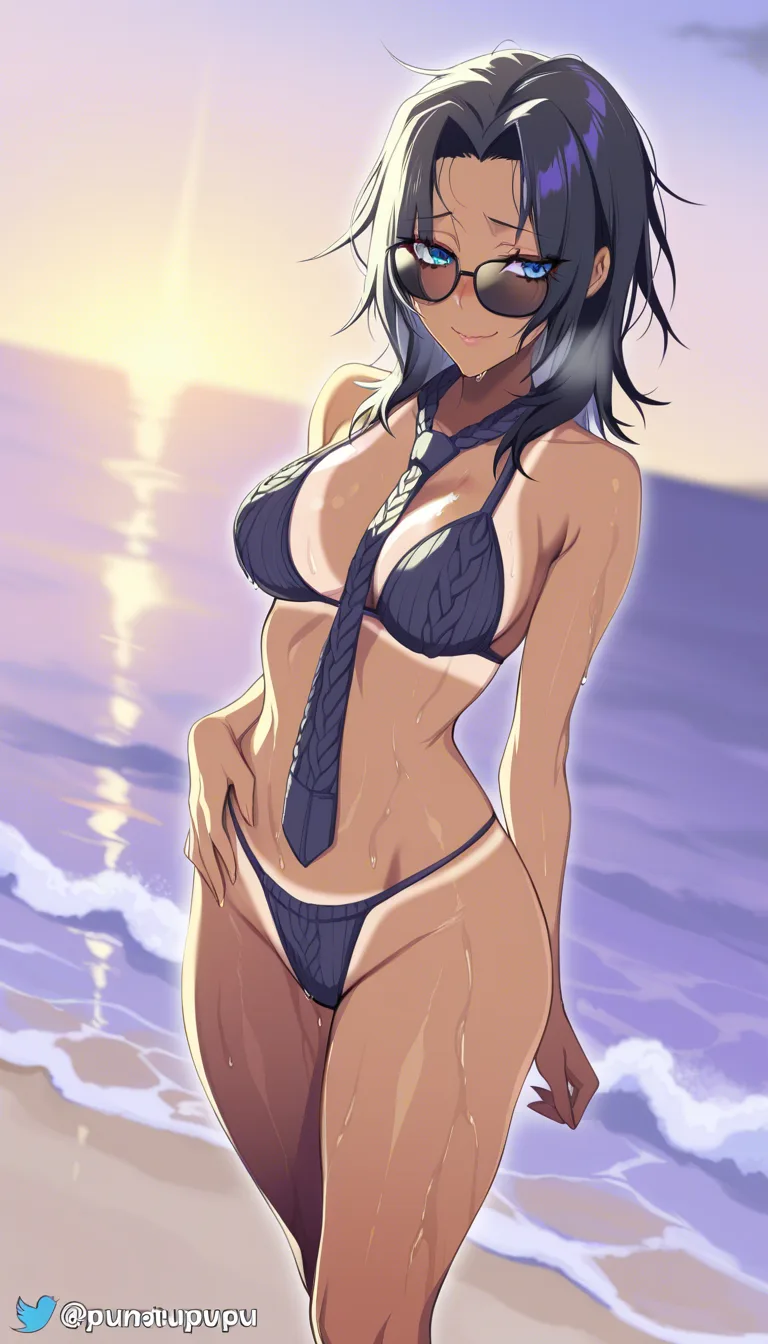 Puuzaki puuna artstyle, accurate anatomy, perfect anatomy, blue eyes, black hair, wet messy hair, medium hair, open forehead, black sunglasses, puffy lips, shy, embarrassed smile, naked, dark violet colored knit bikini, dark violet colored knit tie thong, standing, sexy posing, knee-length view, on the beach, sea on background, medium breasts, ultraskinny body, hand on waist, light bikini tan lines, hentai_studio_quality