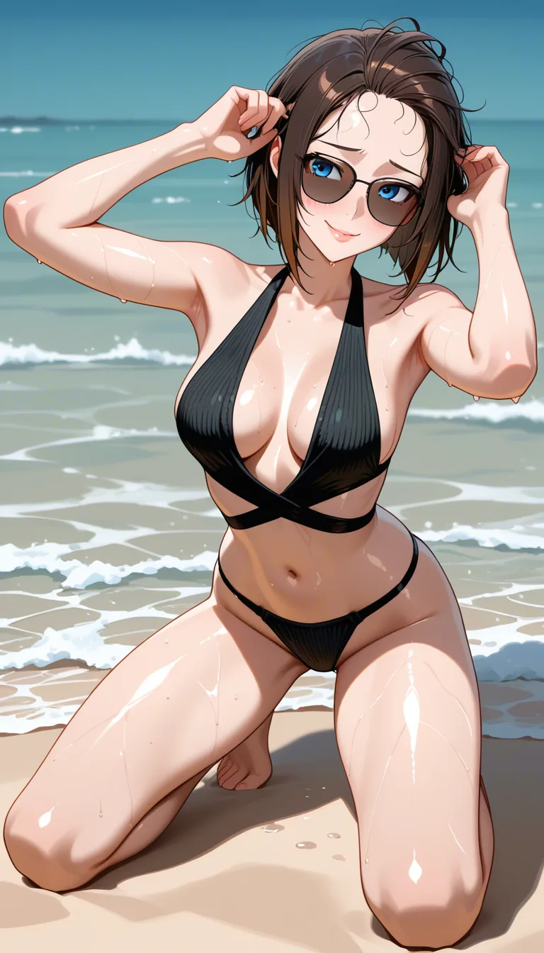 accurate anatomy, perfect anatomy, blue eyes, dark brown hair, wet messy hair, medium bob hair, open forehead, black sunglasses, puffy lips, shy, embarrassed smile, naked, black knit bikini, black knit side tied panties, sexy pose, on the beach, sea on background, medium breasts, ultraskinny body, shiny skin, kneeling, hentai_studio_quality