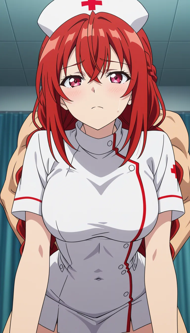 best quality, polished, nurse, doggy style, abs, braid, eroge aesthetic, (anime style:1.3), 2d, anime screencap, cel shading, flat color