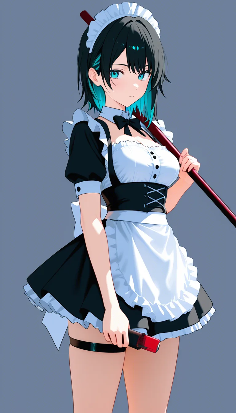 highly detailed, sharp, maid, over the shoulder glance, futanari, thigh strap, vivid anime colors, score_9, score_8, 3d render, octane render, subsurface scattering, ray tracing, smooth shading