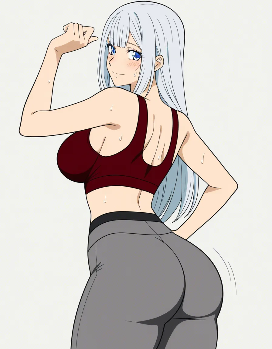 Anime style illustration of Mylene Rapha Holfort, a beautiful young woman with long straight silver-white hair with bangs, bright blue eyes, fair skin, soft blush, gentle confident expression looking back over her shoulder with a slight smile. She has a very curvy, voluptuous body with large breasts and wide hips. Pose: standing with her back mostly facing the viewer, head turned to look over her right shoulder, one hand resting on her hip/butt, the other arm relaxed. Outfit exactly like a tight dark red sports bra/crop top that hugs her large breasts tightly, and form-fitting grey leggings/pants that accentuate her thick thighs and large round butt. Sweat droplets on her skin, subtle motion lines, soft shading, clean lineart, highly detailed, white background, by KawaiiArts style, (anime style:1.3), 2d, anime screencap, cel shading, flat color, @00osamio00