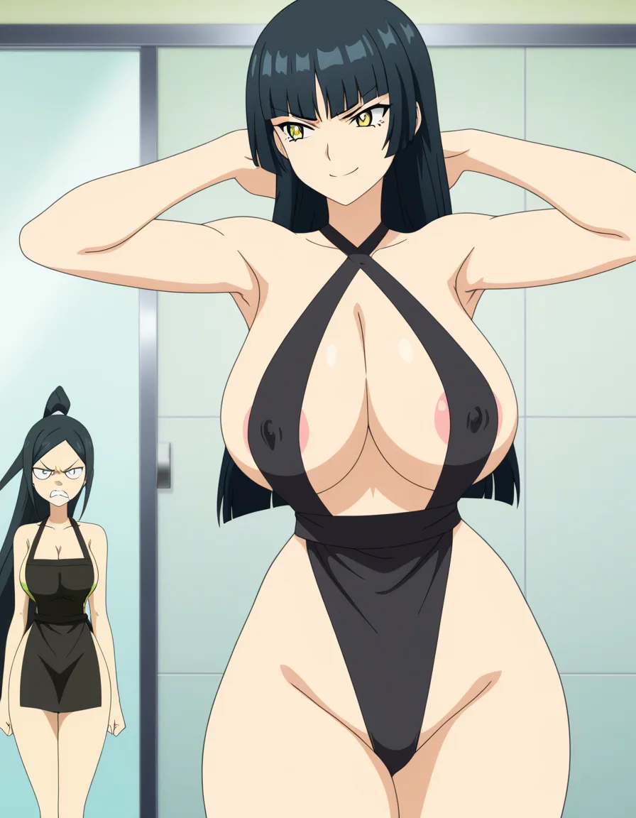 mature_female , slingshot_swimsuit, thick_thighs, huge_breasts, huge_ass, armpits bathroom, no_light, black_hair,
 hime_cut, parted_bangs, yellow_eyes, black_pupils, massive breasts, bimbo, hourglass figure. nipple_slip, angry, 2girls, girl_on_black_apron, apron_girl_smile, apron_girl_has_huge_breasts, apron_girl_on_ponytail, apron_girl_on_blunted_bangs, apron_girl_on_armpit_pose. Hime_cut_girl_on_slingshot_swimsuit. Different_suits, same_chest_size, same_body,, (anime style:1.3), 2d, anime screencap, cel shading, flat color