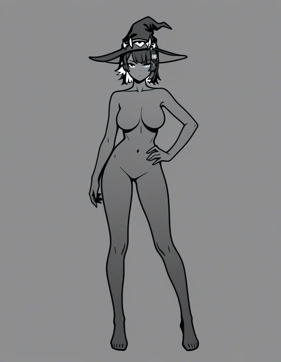 highly detailed, sharp, witch, absurdres, highres, soft cel shading, best detail, naked, standing, right hand on hip and left hand lowered, full_body, ellen joe, reference_sheet, hentai_studio_quality