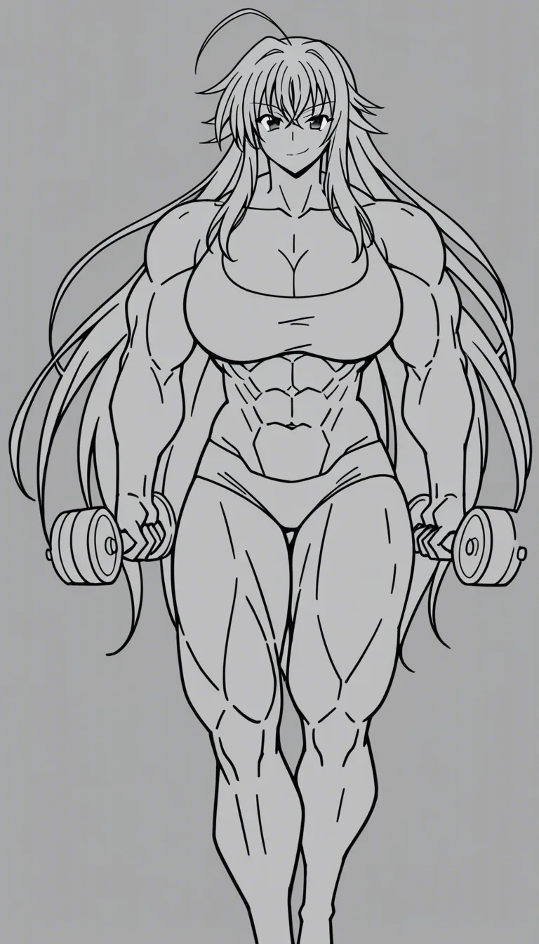 8k, sharp focus, detailed skin, 1girl, animated, Rias Gremory, Hyper-muscular, muscular_female, curling massive dumbbells, working out, sultry smirk, muscles swelling and bulging with each repetition.