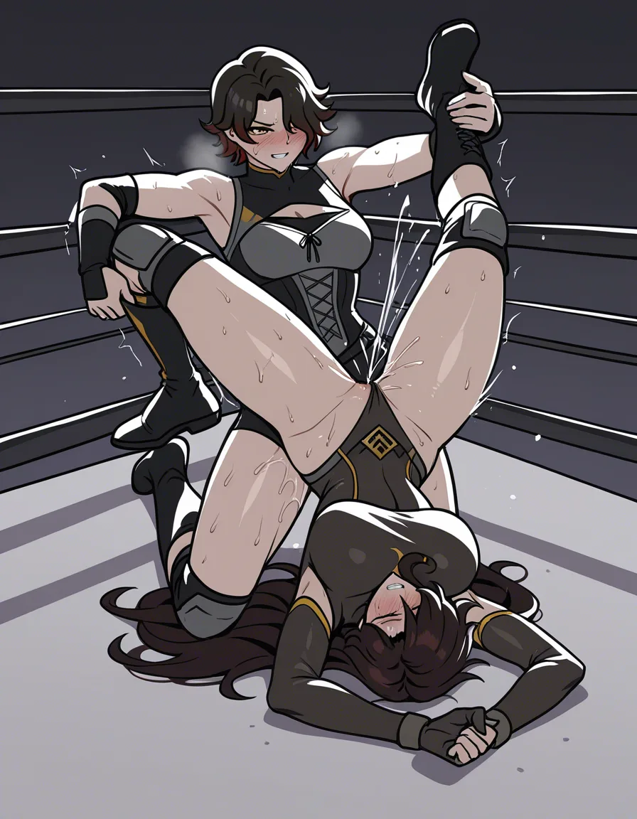 Cinder_fall_(rwby)_black_hair , @sailor_jupiter_brown_hair covering_own_mouth , 2girls yuri sex , wrestling_ring, wrestling orgasm pussy_juice, defeated, squirting , bruised, sweat from_side amazon_position  strap-on leg_grab squatting torn_clothes,,,, hentai_studio_quality, hentai_studio_quality