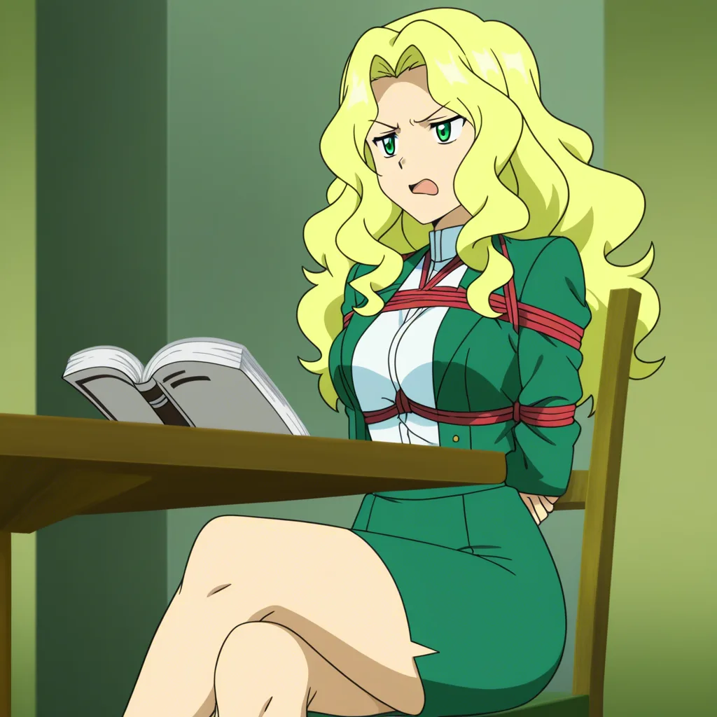 1girl, blonde_hair, curly_hair, green_eyes, long_hair, crossed_legs, long_skirt, arms_behind_back, medium_breasts, reading, shibari, white_shirt, chair, table, open_jacket, sitting, green_skirt, green_jacket, annoyed, open_mouth, (anime style:1.3), 2d, anime screencap, cel shading, flat color