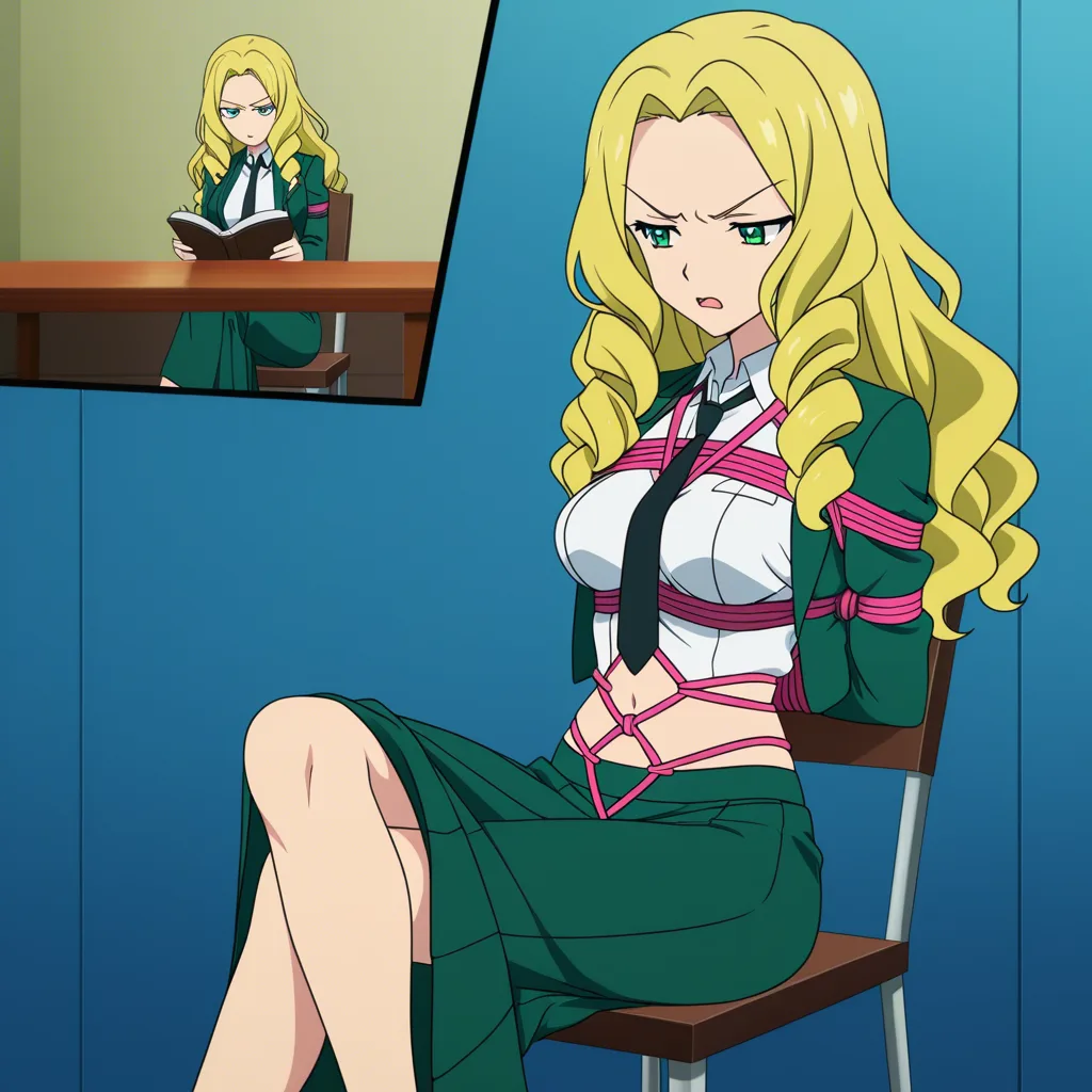 shibari, 1girl, blonde_hair, curly_hair, green_eyes, long_hair, crossed_legs, long_skirt, medium_breasts, white_shirt, chair, table, open_jacket, green_skirt, green_jacket, annoyed, reading, open_mouth, striped_clothes, necktie, blue_background,  pink_rope, striped_clothes, clothes_lift, stomach, arms_in_front, bound_wrists, (anime style:1.3), 2d, anime screencap, cel shading, flat color
