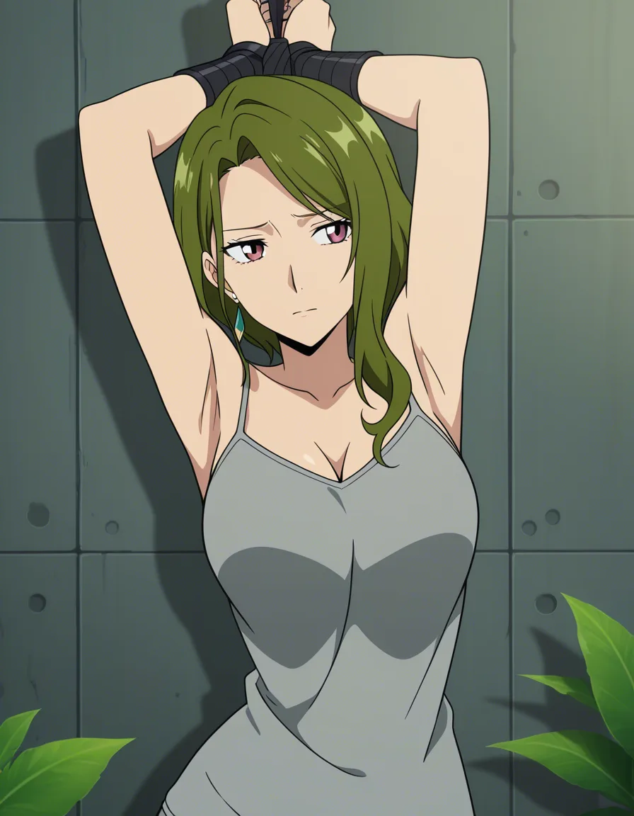absurdres, highres, milf, bondage, armpits, alternate costume, plant, anime style, (anime style:1.3), 2d, anime screencap, cel shading, flat color