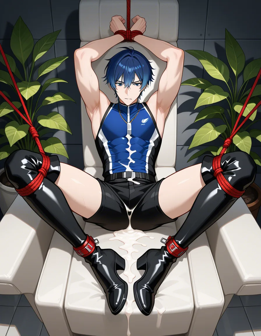 masterpiece, best quality, male focus, thigh boots, sleeveless, bondage, plant, detailed shading  cum_in_pussy cumdrip school_uniform bed legs_up legs_apart, hentai_studio_quality