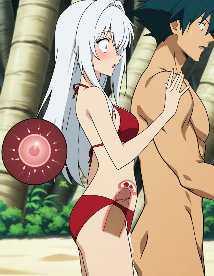 white_hair, long_hair, x-ray, cum_in_pussy, impregnation, doggystyle, from_side, beach, red_bikini, panties_aside, surprised, (anime style:1.3), 2d, anime screencap, cel shading, flat color, @00osamio00