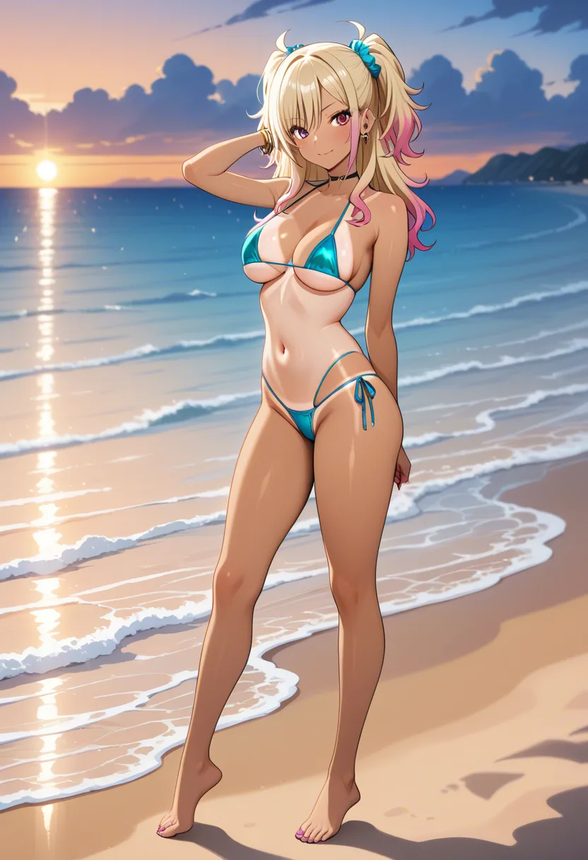 hentai_studio_quality, masterpiece, best quality, absurdres, 1girl, solo, a gyaru with a deep tan, micro bikini, tan lines, on a beach at dusk, sunset backlight, full body, anime style, vivid color