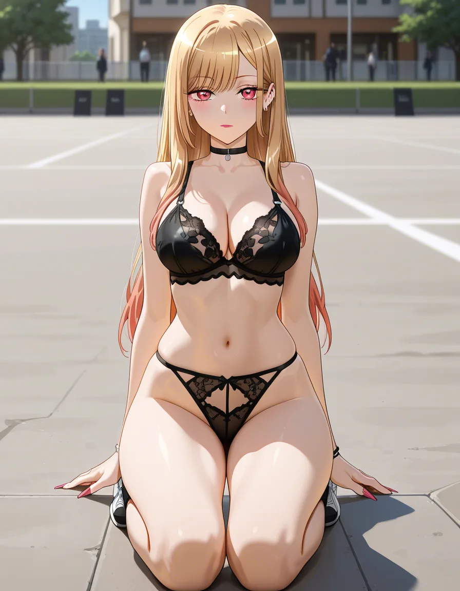 /best quality @kitagawa_marin #lingerie #kneeling #lipstick #expressionless #outdoors #public_indecency #choker #cheerleader, hentai_studio_quality