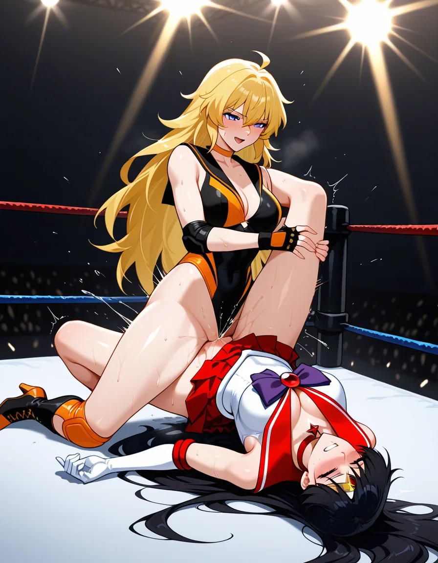 @sailor_mars , @yang_xiao_long , 2girls yuri sex , wrestling_ring, wrestling orgasm pussy_juice, defeated, squirting , bruised, sweat tribadism on_floor from_side leg_up leg_grab, hentai_studio_quality, hentai_studio_quality, hentai_studio_quality