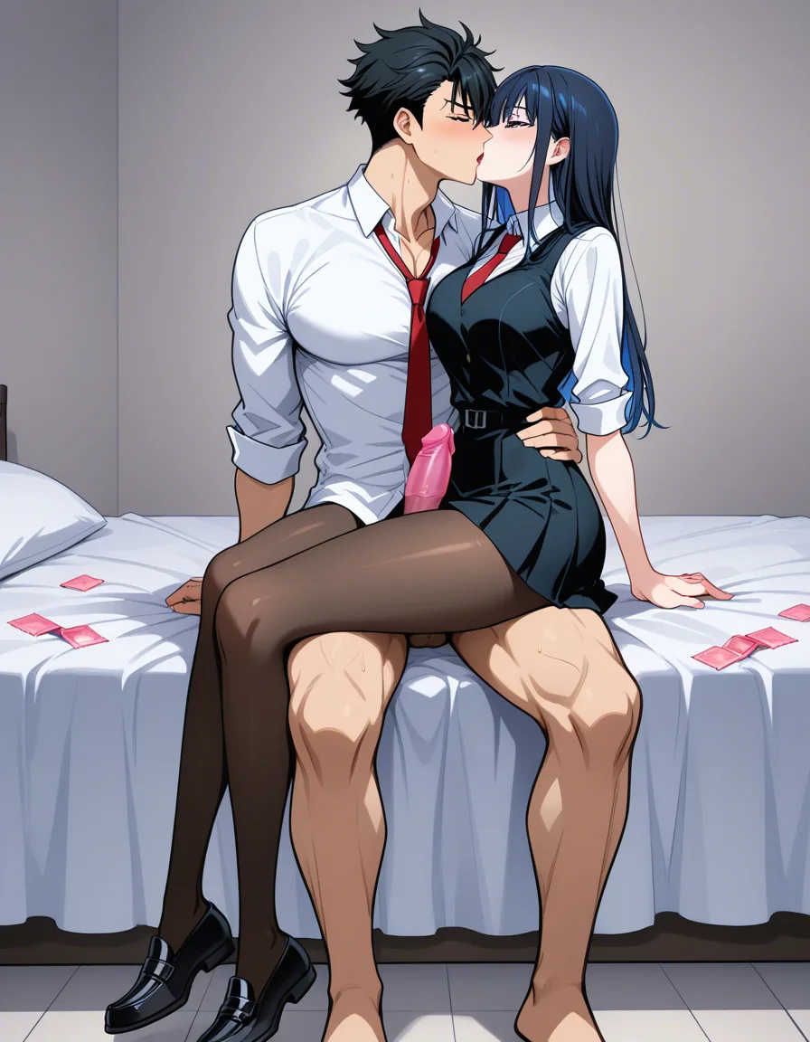 1girl, pantyhose, school_uniform, necktie, loafers, dress_shirt, black_footwear, on_bed, condom, full_body, french_kiss, 1boy, assertive_female, clothed_female_nude_male, couple, large_penis, pectorals, @hino_rei, hentai_studio_quality
