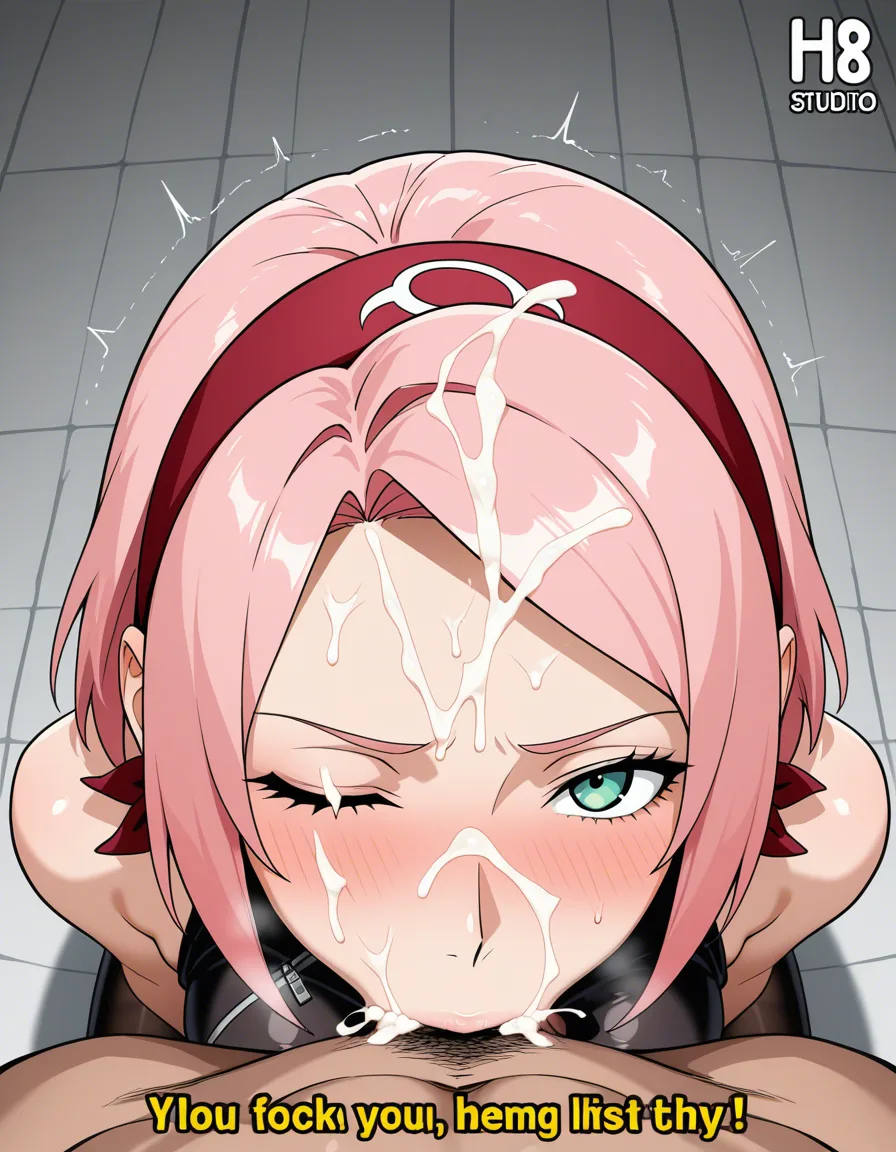 @haruno_sakura, deep-throat, cum on face, cum on hair, peace sigh on the left, from above, one eye closed, text on face in English: "bitch", hentai_studio_quality