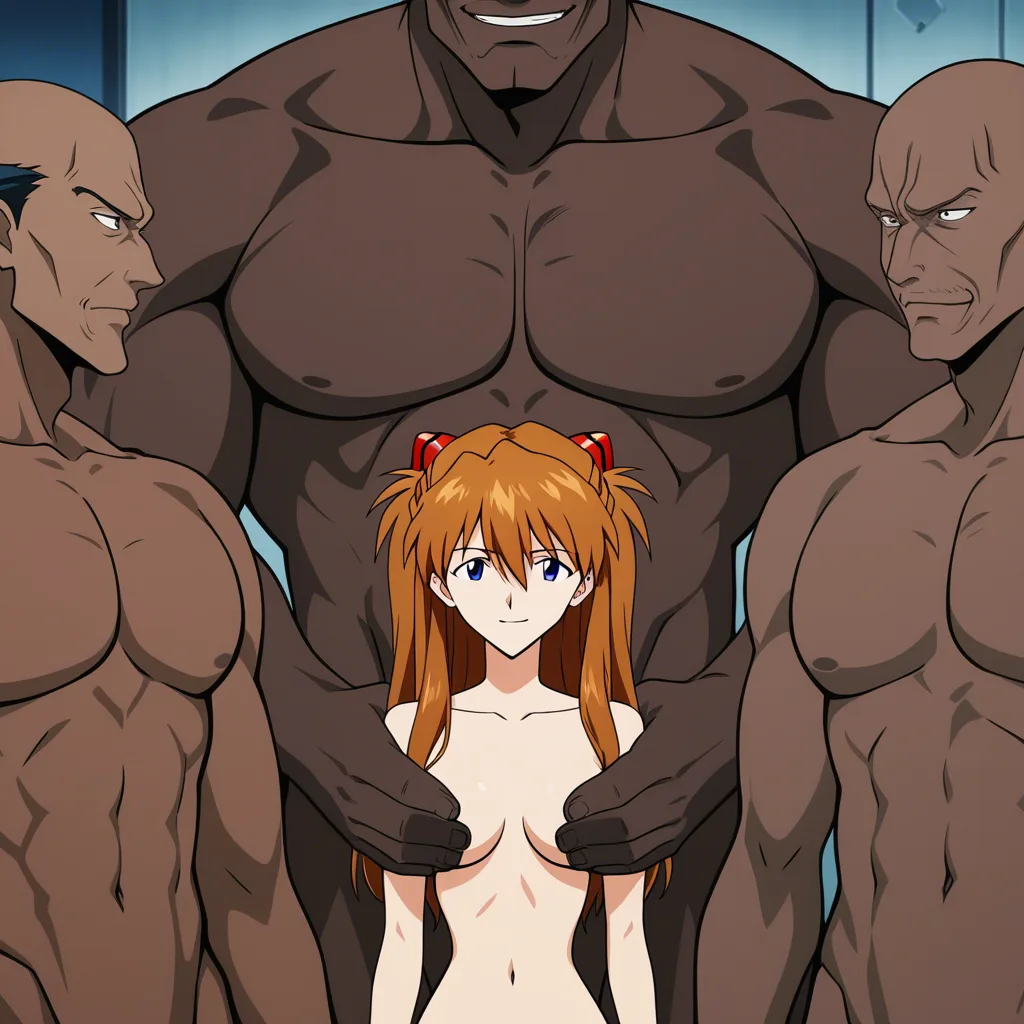 @souryuu_asuka_langley, completely_nude, standing, smile, interracial, 4males, (anime style:1.3), 2d, anime screencap, cel shading, flat color
