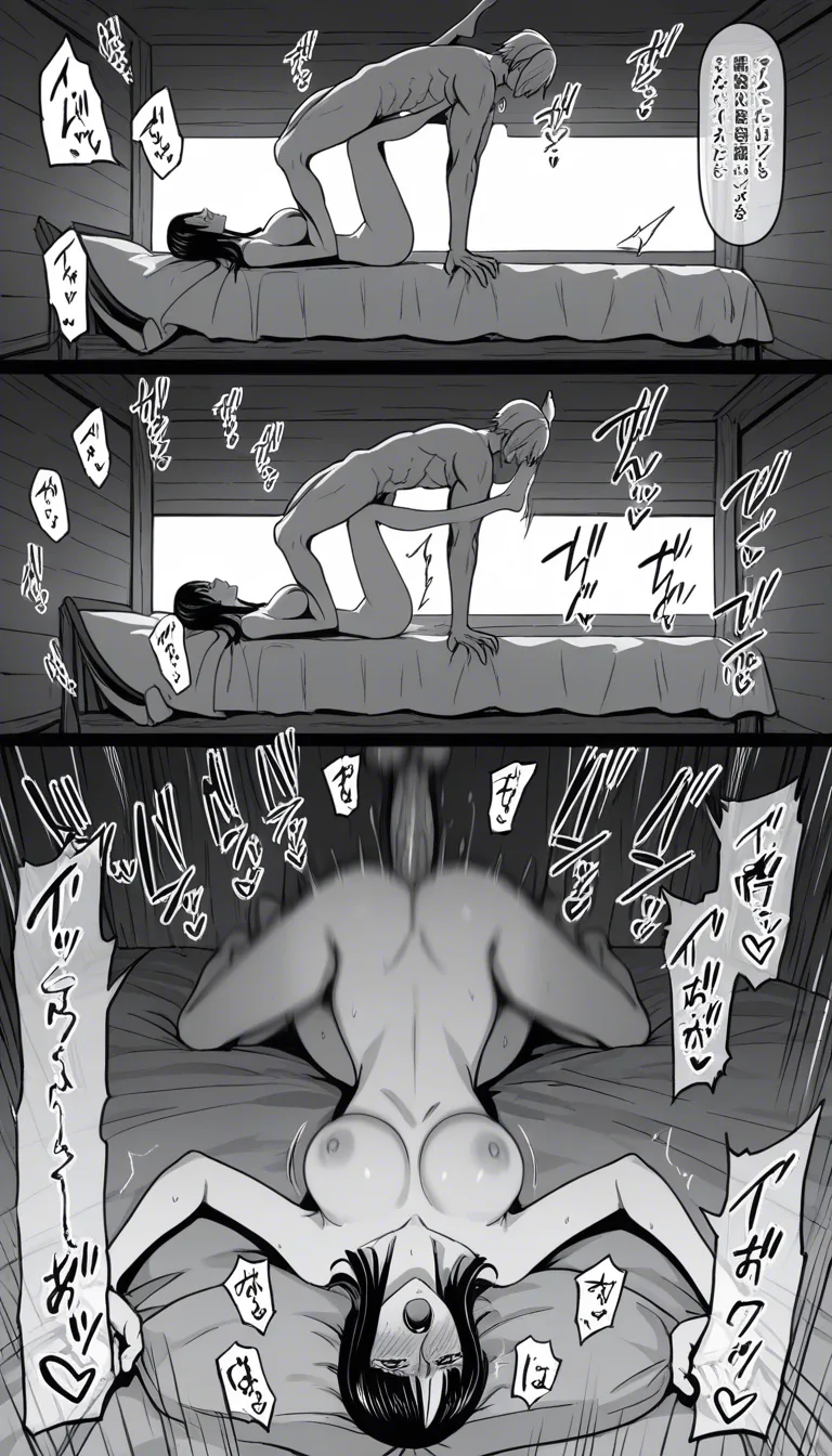 (masterpiece, best quality, ultra-detailed, intricate details, detailed background, high-res, rich colors), Sanji from One Piece, Nico Robin from One Piece, Japanese sound effects, Japanese speech bubbles, Japanese dialogue, panel layout, 3-panel sequence. Scene 1: Female, looking embarrassed, blushing, lying on her back, panting intensely; Male, highly aroused, on top in the missionary position, thrusting at incredible speed, motion blur (afterimages) trailing behind his hips, full-body shot of both. Scene 2: Male, missionary position, penis inserted to the hilt, deep kissing; Female, lying on her back, panting/moaning, medium shot. Scene 3: Male, expression of intense pleasure, rear-entry (woman seated), fondling her breasts, thrusting deeply into her buttocks, massive internal ejaculation (creampie); Female, looking overwhelmed/strained, at the peak of pleasure, moaning/crying out, full-body shot of both. Additional settings: Detailed character appearances, cel-shading, sharp focus, dynamic composition, inside a ship's cabin, deep shadows., hentai_studio_quality