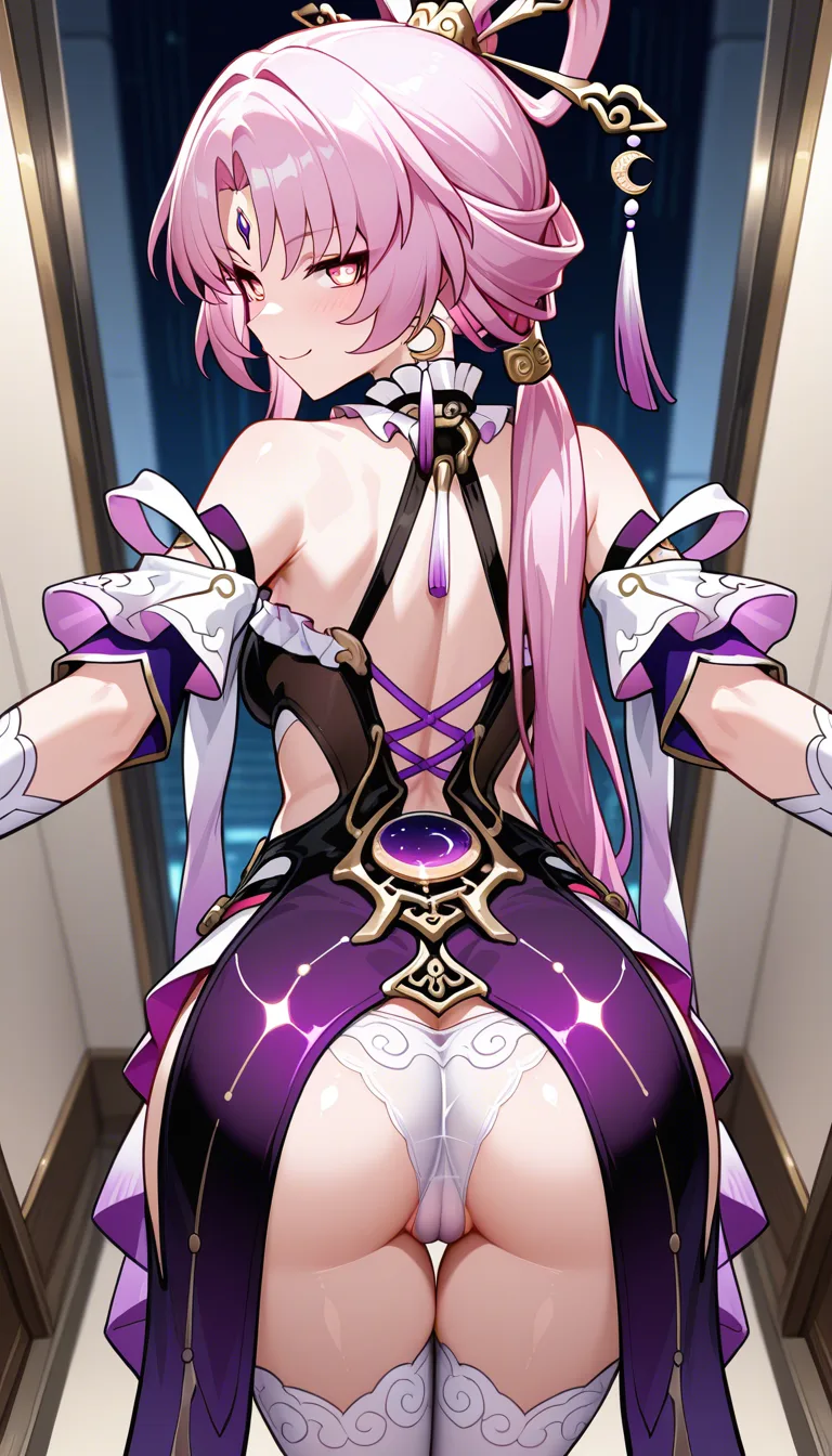 Masterpiece, 1girl, Fu Xuan from Honkai Star Rail, stand, cameltoe, Determinated Smile, heart eyes, skirt up, panties, thighhighs, Corridor background, from behind, look at viewer.,,, hentai_studio_quality