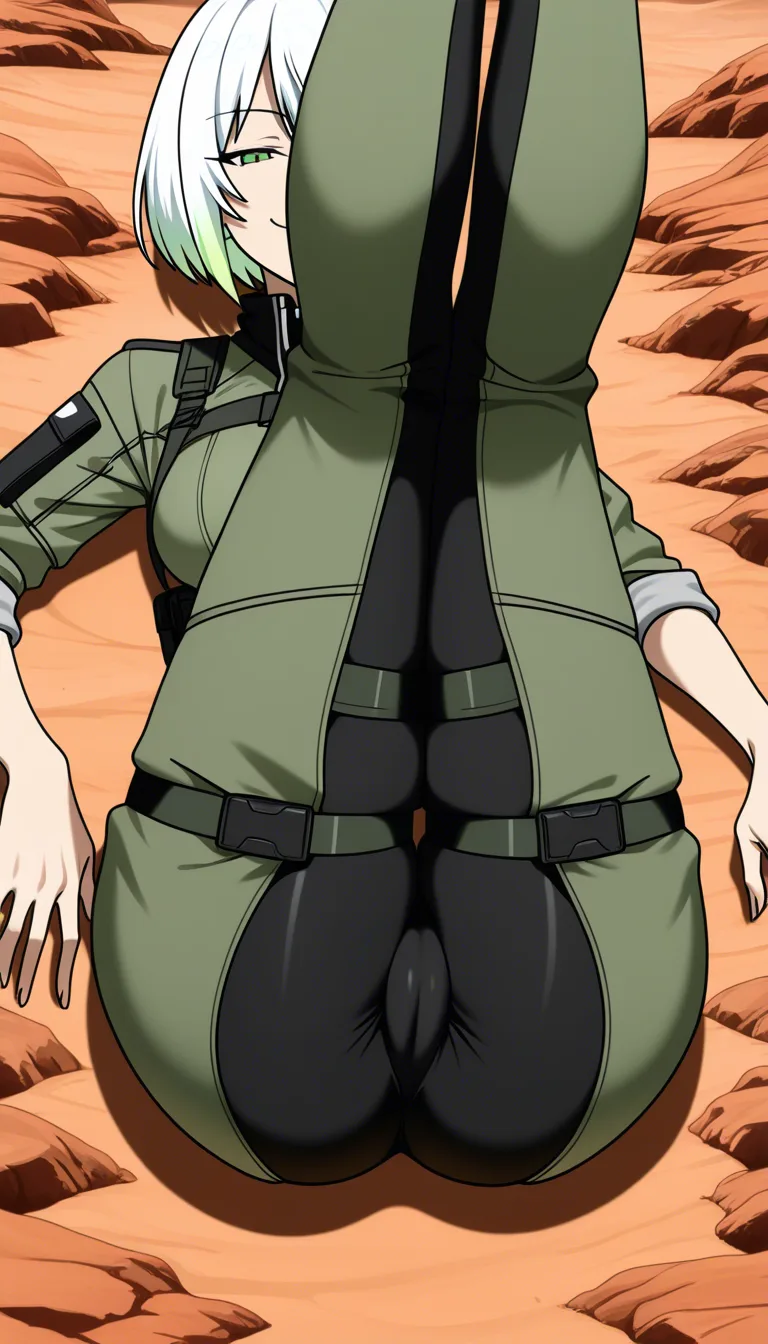 2   Masterpiece, natural perky medium breasts, look at viewer, fine detail, Anime Female With Short bob cut White hair, top cloth, medium Breasts, Green Eyes, Cheeky Face,  legs  together, half closed eyes,   no helmet, Pants, no gloves, village surroundings background, desert biome, eroge aesthetics, legs up on air, cameltoe, legs together,  · Base: Form-fitting khaki tactical jumpsuit with a front zipper. · Sleeves: Two-toned with dark green/black fitted forearms. The sleeves are rolled up. · Chest: Olive-drab chest rig with shoulder straps and a row of six utility pouches. · Waist & Thighs: Dark green tactical belt with black buckles, connected by horizontal straps wrapping around the upper thighs. · Extras: High dark collar with red accents, and a rigid dark thigh plates on the Thighs. ... single continuous shot, full widescreen view, one single image, uninterrupted scene, no borders, no panels, wide angle cinematic photograph, single perspective, edge-to-edge frame ... modern digital drawing style, clean monoline ink linework, flat cel shading with minimal soft gradients, vibrant color palette with high-contrast accent tones, minimalist geometric background elements, crisp vector-like finish, contemporary graphic illustration., hentai_studio_quality, hentai_studio_quality, hentai_studio_quality, hentai_studio_quality, hentai_studio_quality, hentai_studio_quality