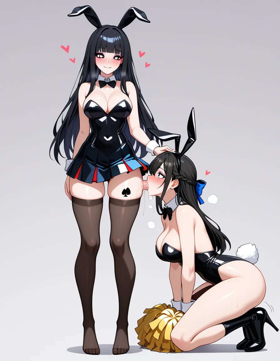 masterpiece, vivid, clean art, 2girls, futanari , futa_with_female ,
long_hair, eager , encouraging, playboy_bunny , goth, black_hair , perfect feet , thighhighs, rabbit_ears , rabbit_tail, makeup , thighs , perfect_face, perfect_anataomy, perfect_proportions, spade tattoo on thigh, skirt, cheerleader , blush, light_smile , heart-shaped_pupils , heart-shaped_pupils , fellatio , hentai_studio_quality, hentai_studio_quality, hentai_studio_quality