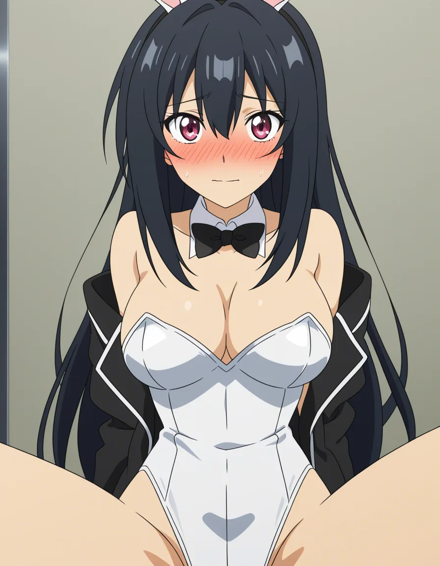 ultra detailed shading, bunny girl, open clothes, spread legs, nervous blush, three-quarter view, eroge aesthetic, (anime style:1.3), 2d, anime screencap, cel shading, flat color